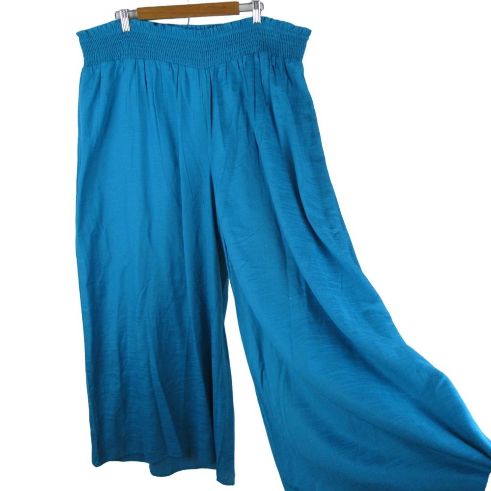 Ashley Stewart Smocked BLUE Cotton Blend Palazzo Pant Size 26/28 3X Modest Flowy